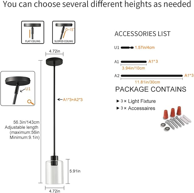 Black Pendant Lights Kitchen Island - Clear Glass Pendant Light Fixture Multiple Stems Rods 3 Units 12 Inch 3 Units 4 Inch (Black 3 Pack Stem Rod)