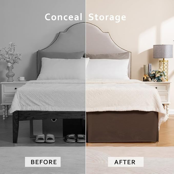 MIYE Pleated Waffle Weave Bed Skirt, Tailored Dust Ruffle 16 Inch Drop Easy Fit, Machine Washable (Brown, King - 16" Drop)