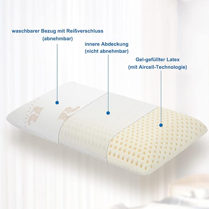 Royalisneeo 100% Talalay Latex Pillow, Medium Soft, Foam Rubber Pillow Helps Relieve Pressure,Perfect Package with Cotton Cover for Back, Stomach and Side Sleepers(Queen)