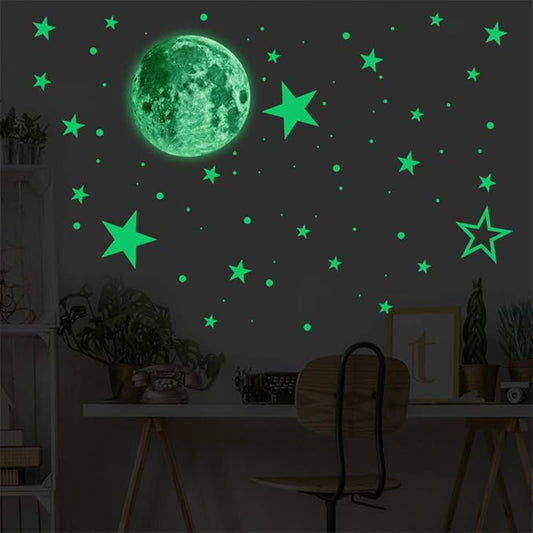 Glow in The Dark Moon and Stars Wall Stickers|435 Pcs Luminous Mural Decals for Ceiling and Wall| Perfect for Nursery Classroom Playroom Bedroom Living Room Decoration (Peel and Stick)
