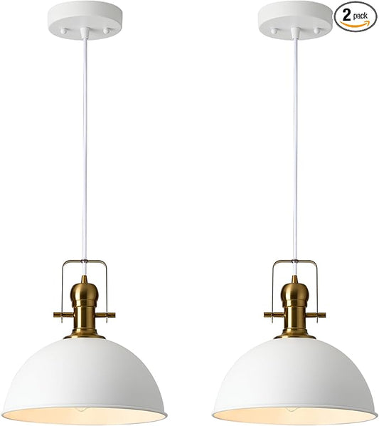 12 Inch Sandy White Farmhouse Pendant Lights Pendant Lights for Kitchen Island Industrial Adjustable Height Vintage Dome Hanging Light Fixtures for Barn, Dining Room 2 Packs