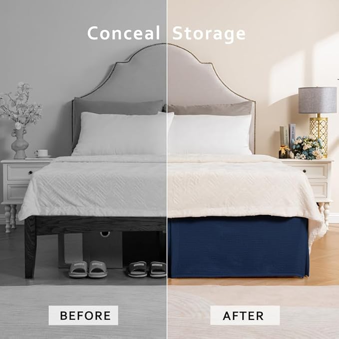 MIYE Pleated Waffle Weave Bed Skirt, Tailored Dust Ruffle 12 Inch Drop Easy Fit, Machine Washable (Navy Blue, King - 12" Drop)