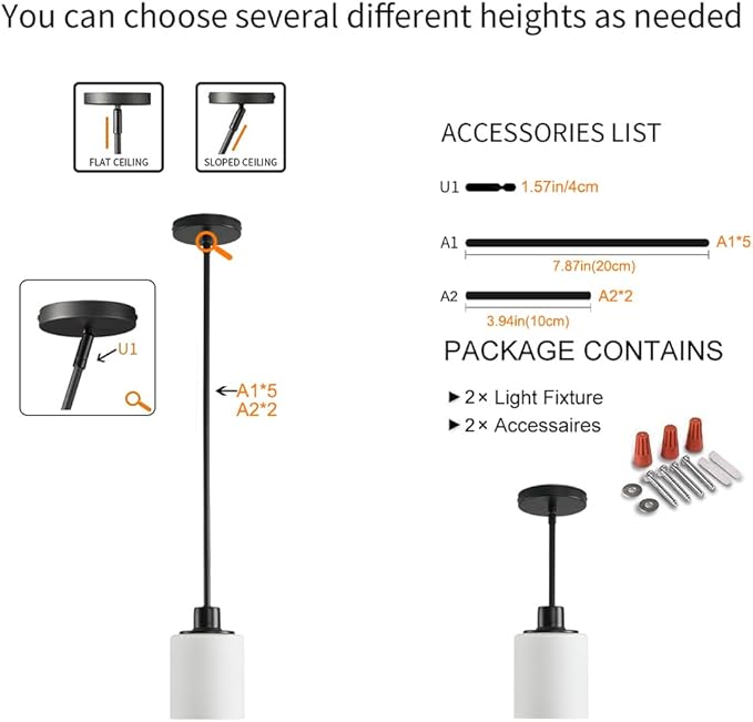 Black Pendant Lights Kitchen Island - Milk Glass Pendant Light Fixture Multiple Stems Rods 3 Units 12 Inch 3 Units 4 Inch (2 Pack Black Downrod)