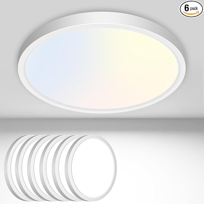 6PACK Flush Mount LED Ceiling Light Fixture White, 6.5Inch 12Watt, Dimmable & 3000K-4000K-6500K 3 Color Selectable Ceiling Lamp 1200LM Low Profile Ceiling Light for Kitchen Bedroom Hallway Porch