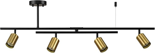 Globe Electric 57501 4-Light Track Lighting, Matte Black, Matte Brass Track Heads, Center Swivel Bar, 4 Bulb Kitchen Light, Ceiling Light Fixture, Track Lighting, Swivel, Bulb Not Included