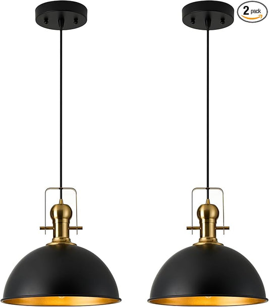 12 Inch Black Farmhouse Pendant Lights Matte Pendant Lights for Kitchen Island Industrial Adjustable Height Vintage Dome Hanging Light Fixtures for Barn, Dining Room 2 Packs