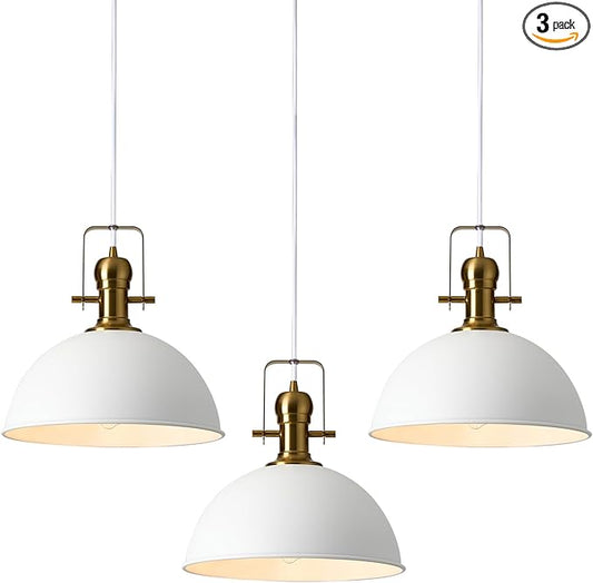 12 Inch Sandy White Farmhouse Pendant Lights Pendant Lights for Kitchen Island Industrial Adjustable Height Vintage Dome Hanging Light Fixtures for Barn, Dining Room 3 Packs