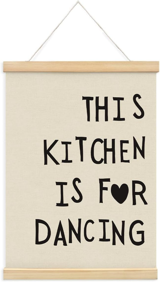 BIWSHA Cute Kitchen Canvas Poster Framed Hanger 12x16 Inch, Funny Black Kitchen Quotes Decor This Kitchen Is For Dancing Poster Framed with Wood Hanger,Kitchen Dining Room Decor