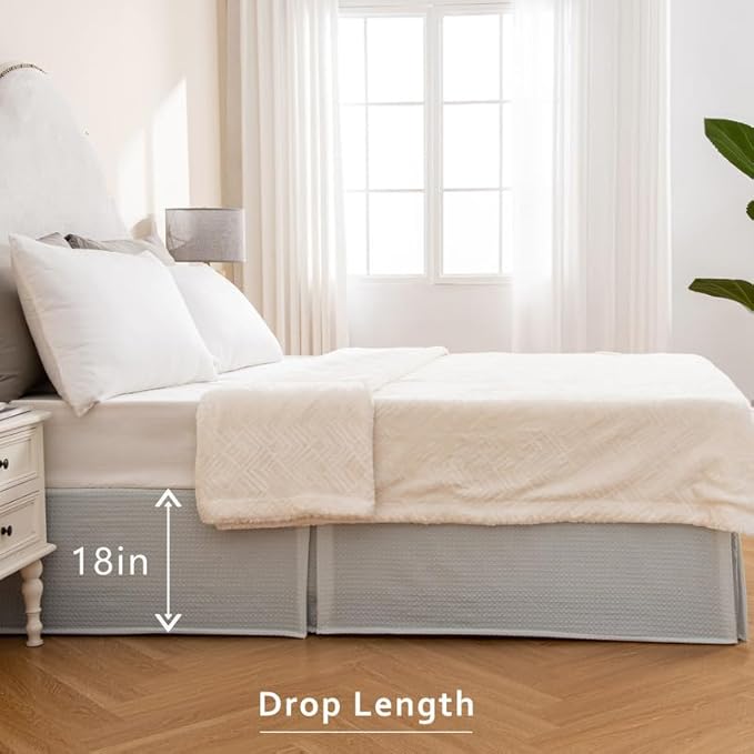 MIYE Pleated Waffle Weave Bed Skirt, Tailored Dust Ruffle 18 Inch Drop Easy Fit, Machine Washable (Light Grey, Full - 18" Drop)