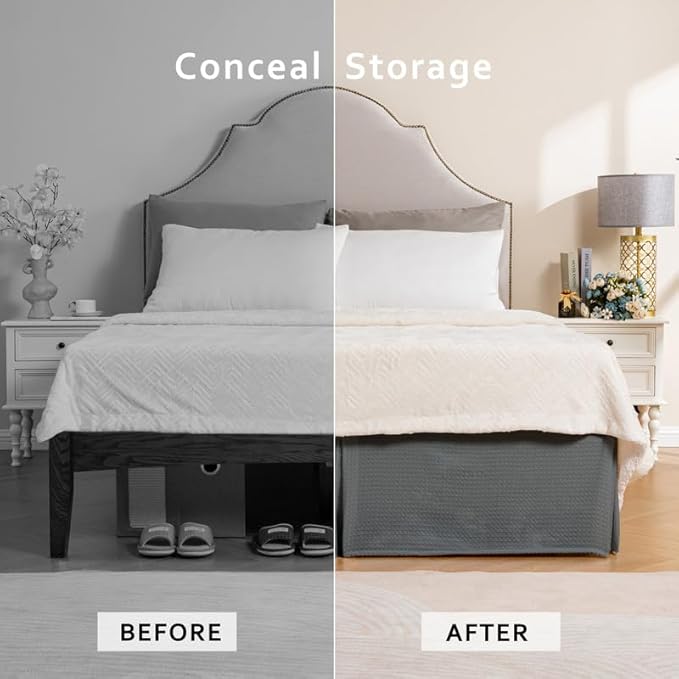 MIYE Pleated Waffle Weave Bed Skirt, Tailored Dust Ruffle 14 Inch Drop Easy Fit, Machine Washable (Dark Grey, TwinXL - 14" Drop)