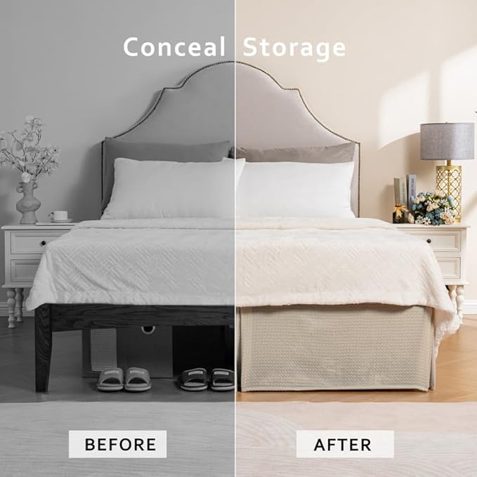 MIYE Pleated Waffle Weave Bed Skirt, Tailored Dust Ruffle 18 Inch Drop Easy Fit, Machine Washable (Cream, Full - 18" Drop)