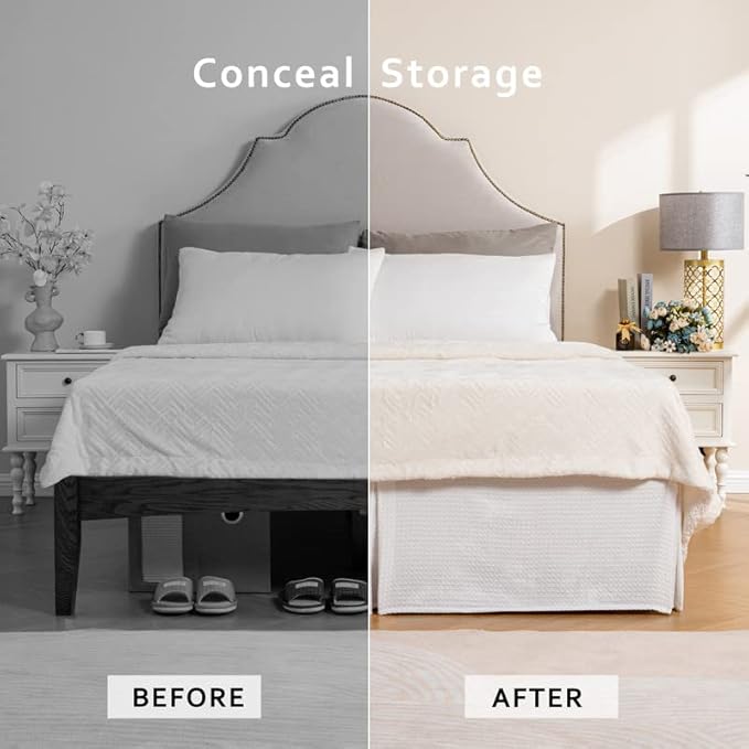 MIYE Pleated Waffle Weave Bed Skirt, Tailored Dust Ruffle 16 Inch Drop Easy Fit, Machine Washable (White, King - 16" Drop)