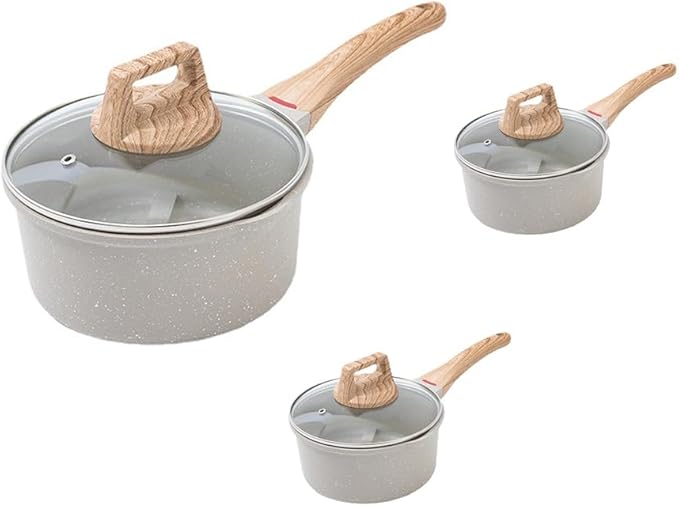 Pots and Pans Set Nonstick, 3 PCS Kitchen Cookware Sets, White Granite Induction Cooking Set with Frying Pans, Saucepans, Steamer Silicone Shovel Spoon & Tongs, Dishwasher Safe (PFOS, PFOA Free)