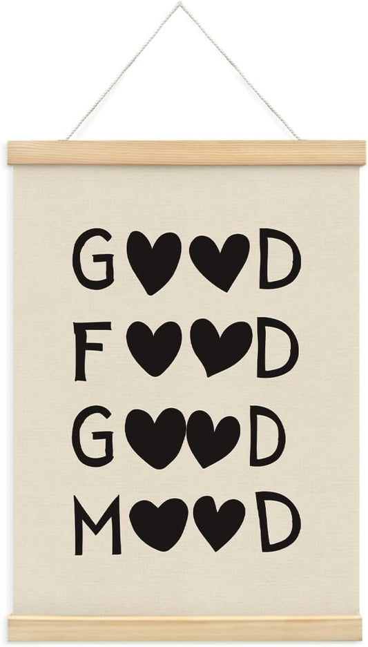 BIWSHA Good Food Good Mood Canvas Poster Framed Hanger 12x16 Inch,Funny Black Heart Kitchen Quotes Decor,Funny Words Poster,Kitchen Dining Room Decor