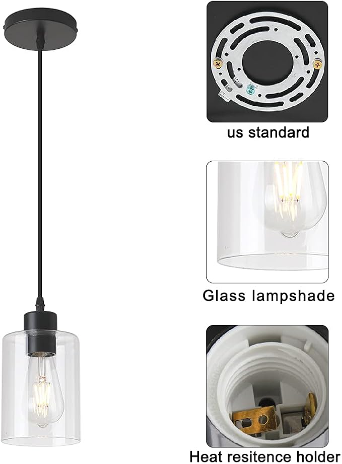 Modern Black Farmhouse Clear Glass Cylinder Pendant Light Fixture,Mini Pendant Lighting for Kitchen Island Decor - 4.75 Inch Shade, 2-58 Inch Cord (Black 3 Pack)