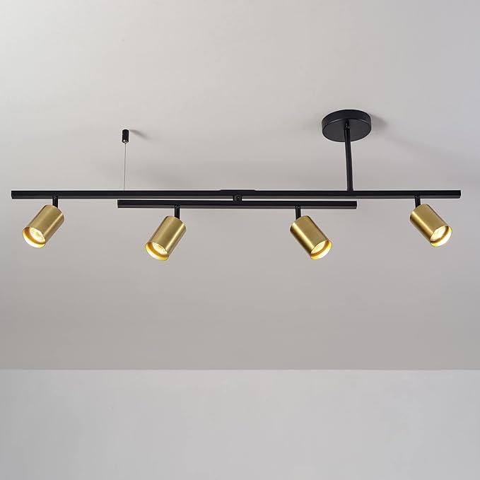 Globe Electric 57501 4-Light Track Lighting, Matte Black, Matte Brass Track Heads, Center Swivel Bar, 4 Bulb Kitchen Light, Ceiling Light Fixture, Track Lighting, Swivel, Bulb Not Included