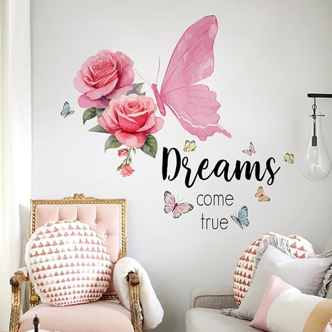 Pink Butterfly and Rose Wall Decal - "Dreams Come True" Design - 85x64cm Decorative Sticker