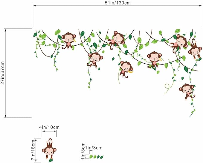 Monkey Climbing Tree Wall Stickers - Jungle Animals Vine Leaves Wall Decals - Baby Nursery Kids Girls Boys Room Daycare Playroom Classroom Wall Decor