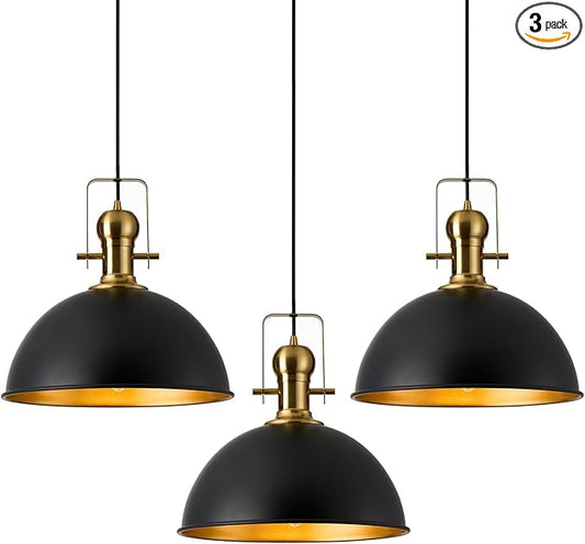 12 Inch Black Farmhouse Pendant Lights Matte Pendant Lights for Kitchen Island Industrial Adjustable Height Vintage Dome Hanging Light Fixtures for Barn, Dining Room 3 Packs