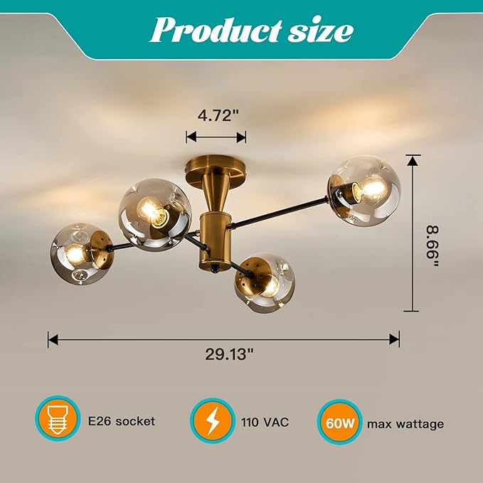 Modern Semi Flush Mount Ceiling Light Fixture, 4-Light Gold Mid Century Chandelier with Glass Globe,Ceiling Lighting for Dinning Room Farmhouse Kitchen Bedroom Living Room.
