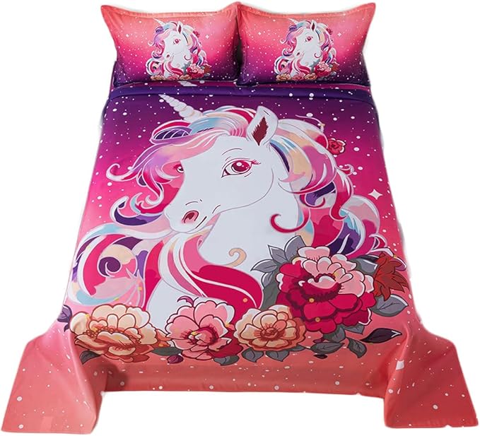 qjmiaofang Unicorn Sheets Full Girls Pink Unicorn Bed Sheet Set 3Pieces Rainbow Sheets Princess Unicorn Fitted Sheet Flowers Unicorn Flat Sheet with 1 Flat Sheet 1 Fitted Sheet 2 Pillow Shams