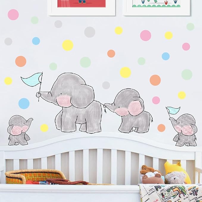 Elephant Wall Decal Animal Colorful Dots Wall Art Sticker Decor for Kids Bedroom Baby Nursery Removable Home Background Decoration
