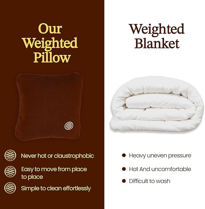 Plush Weighted Pillow 9lbs - Enhances Relaxation and Comfort with Ultra Plush Cooling Fabric - Cool Alternative to Weighed Blanket - Glass Beads Weight, Machine Washable (Fleece, Brown)