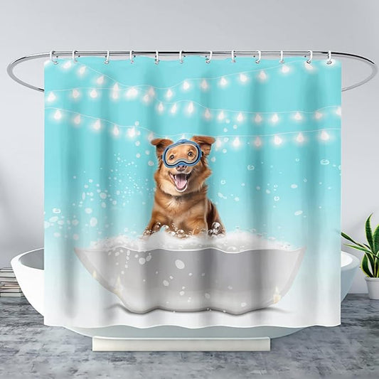 AILONEN 3D Bathtub Dog Shower Curtain for Kids 72" W*84" H Inch,Kawaii Diving Dog Sitting in a Bathtub Shower Curtain,12 Pack Hooks Polyester Waterproof Fabric Decor for Bathroom Bathtub Panels