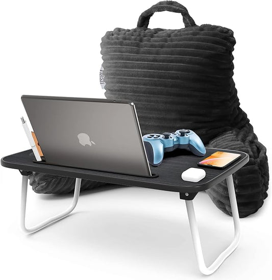 Nestl Reading Pillow with Portable Lap Desk Stand for Laptop 19x11”, Cut Plush Striped Back Pillow, Back Support Pillow, Shredded Memory Foam Bed Rest Pillow with Arms for Kids & Teens, Small - Gray