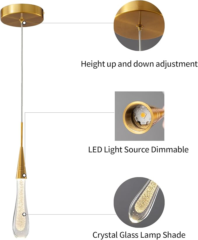 LMQNINE Kitchen Light Fixtures Ceiling Dimmable LED Modern Gold Pendant Light Mini Teardrop Crystal Pendant Light for Kitchen Island Bedroom Hallway Entryway (2-Pack)