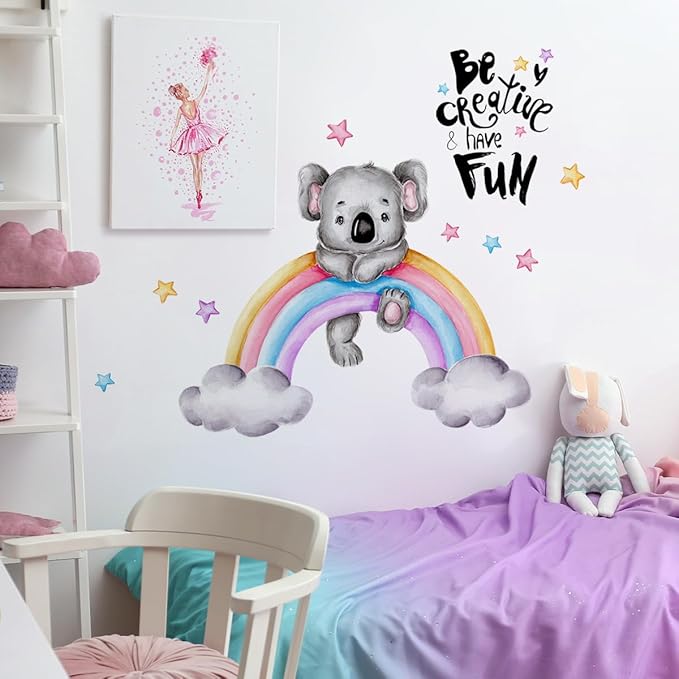 Cartoon Koala on Rainbow Wall Decal - 88cm x 34.64in Finished Size, Inspiring 'Be Creative & Have Fun' Message