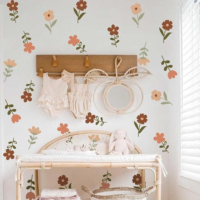 72pcs Flowers Wall Decals,Boho Flowers Wall Stickers,Wildflower Grass Wall Stickers,Removable Floral Wall Murals Peel and Stick Colorful Flower Wall Decor,Girls Bedroom Living Room Kitchen Wall Decor