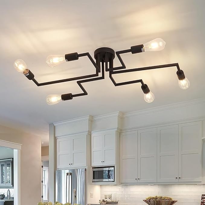 ZGLAOJT 6- Lights Ceiling Light Fixture,Vintage Semi Flush Mount Ceiling Light,Black Chandelier for Dining Room Living Room Kitchen Farmhouse.