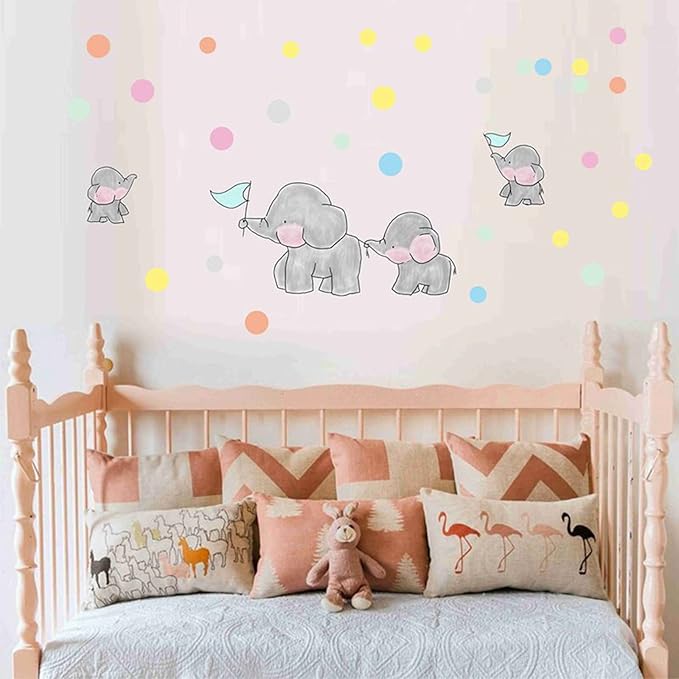Elephant Wall Decal Animal Colorful Dots Wall Art Sticker Decor for Kids Bedroom Baby Nursery Removable Home Background Decoration