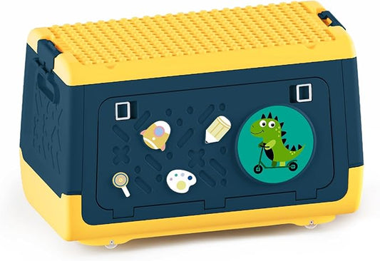 Toy Box Chest with Lid, Dinosaur Collapsible Storage Organizer for Kids Boys Girls, Plastic Stackable Toddler Toy Bins with Building Block Lid (Blue)