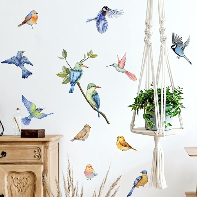 Colorful Birds Wall Decals Standing on Tree Branch Wall Stickers Animal Birds Self-Adhesive Sticker Vinyl Wall Decor DIY Wall Art for Kid's Room Nursery Decoration