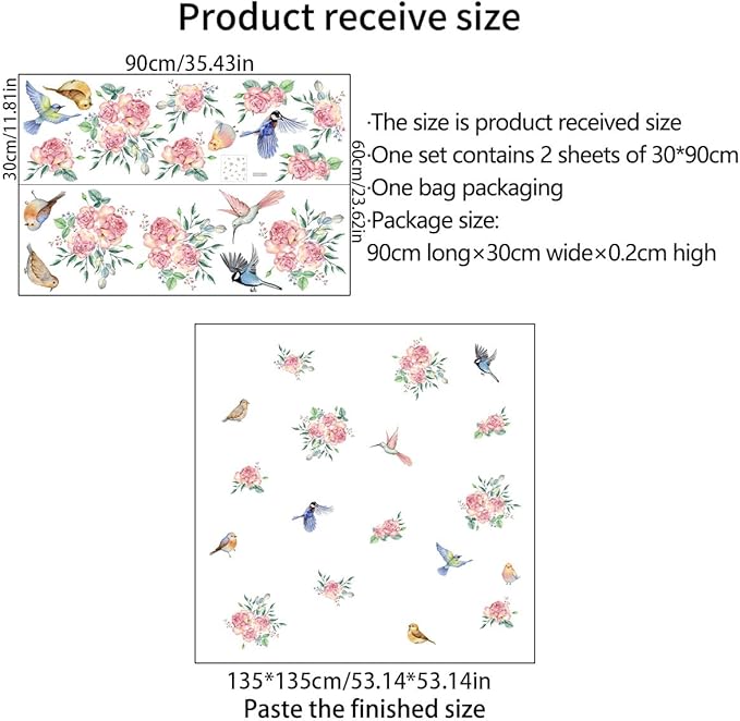 Bird & Floral Vinyl Wall Decals - 30" x 118" for Bedroom, Living Room, Nursery Décor