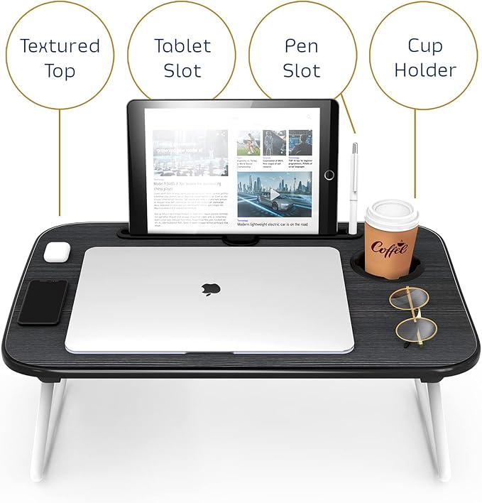 Nestl Reading Pillow with Portable Lap Desk Stand for Laptop 22x14”, Cut Plush Striped Back Pillow, Back Support Pillow, Shredded Memory Foam Bed Rest Pillow with Arms for Kids & Teens, Medium - Navy