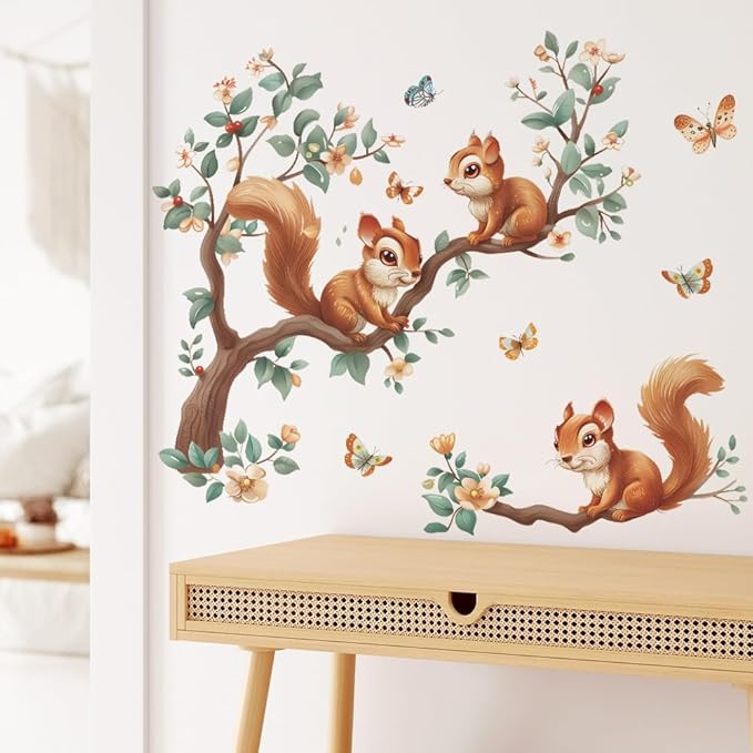Squirrel Wall Decals Tree Branch Butterfly Wall Stickers Peel and Stick Wall Art Decals for Nursery Classroom Bedroom Office Living Room Decor (Squirrel)