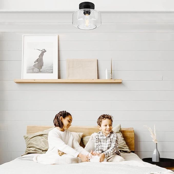 Industrial Semi Flush Mount Ceiling Light, 800 Lumen LED Bulb Included, Seeded Glass Shade Farmhouse Light Fixture for Hallway Corridor Kitchen Bathroom Bedroom Passway