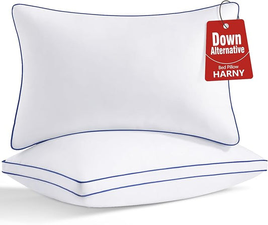 HARNY Bed Pillows for Sleeping, Queen Size Set of 2, Luxury Soft Hotel Quality and Supportive Down Alternative Microfiber Filled for Back, Stomach or Side Sleepers, Breathable & Skin-Friendly