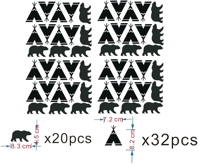 DIY 52 Pieces/Pack Tribal Tent and Bear Wall Decor Sticker for Kids Room Nursery Bedroom Baby Decoration Vinyl Wall Decal Mural AFN109 (Black)