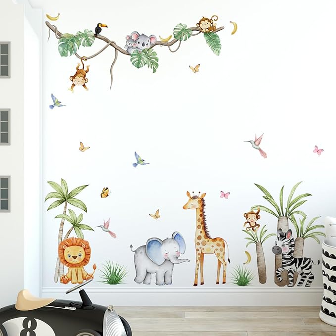 Jungle Animals Wall Decals Elephant Lion Monkey, Removable Kids Toddler Safari Wall Stickers Peel and Stick Wall Art Decor Wallpaper for Classroom Bedroom Nursery Playroom
