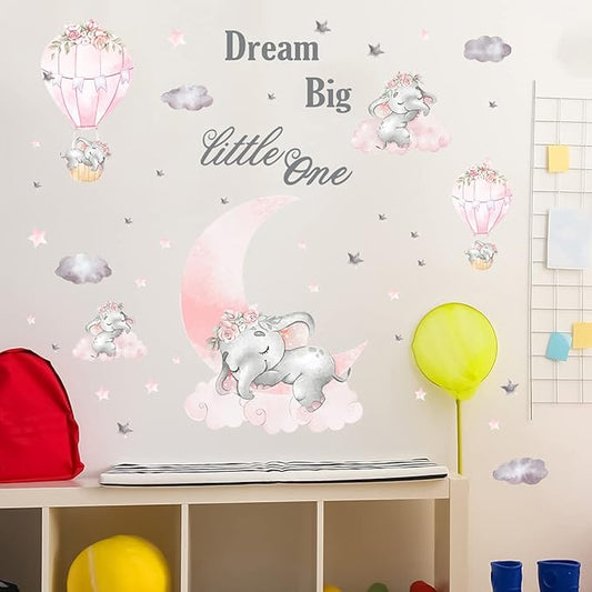 Dream Big Little One Elephant Wall Stickers - Pink & Gray Design, 110cm x 43.3in
