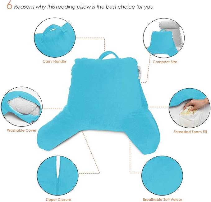 Nestl Reading Pillow Standard Bed Pillow, Back Pillow for Sitting in Bed Shredded Memory Foam Chair Pillow Reading & Bed Rest Pillows Bright Blue Back Pillow for Bed, Bed Chair Arm Pillow with Pockets