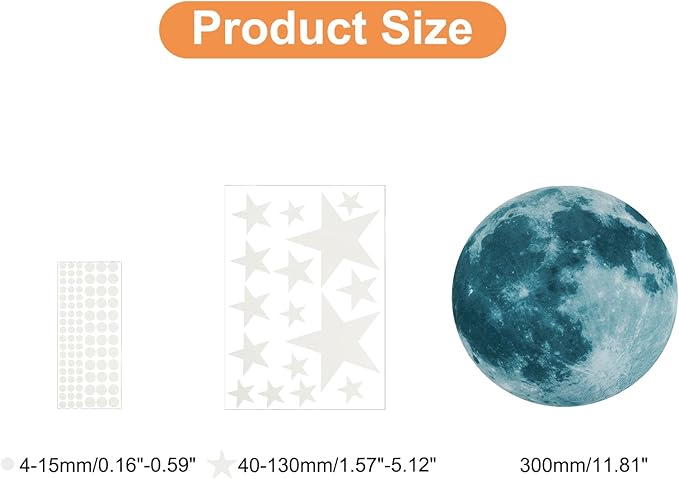 uxcell 1 Set Glow in The Dark Ceiling Star Stickers, Moon and Stars Wall Decals, Glowing Star Decal Decoration for Bedroom, 300mm Blue Moon