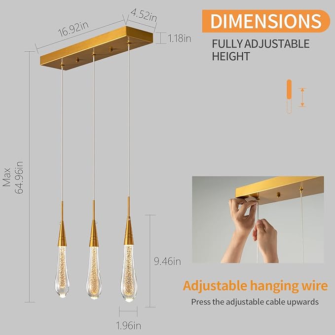 LMQNINE 3 Light Gold Pendant Light Ceiling Dimmable LED Modern Kitchen Light Fixtures Mini Teardrop Crystal Pendant Light for Kitchen Island Bedroom Hallway Entryway