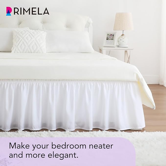RIMELA White King Size Bed Skirt 12 Inch Drop, Elastic Bed Skirts Cal King Dust Ruffle, White Bedskirt for Adjustable Bed Base Solid Fade Resistant Silky Fabric Machine Washable Easy to Install