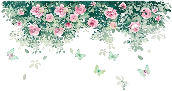 Pink Rose Wall Stickers - Stylish Home Decor with Green Leaves, 30x90cm