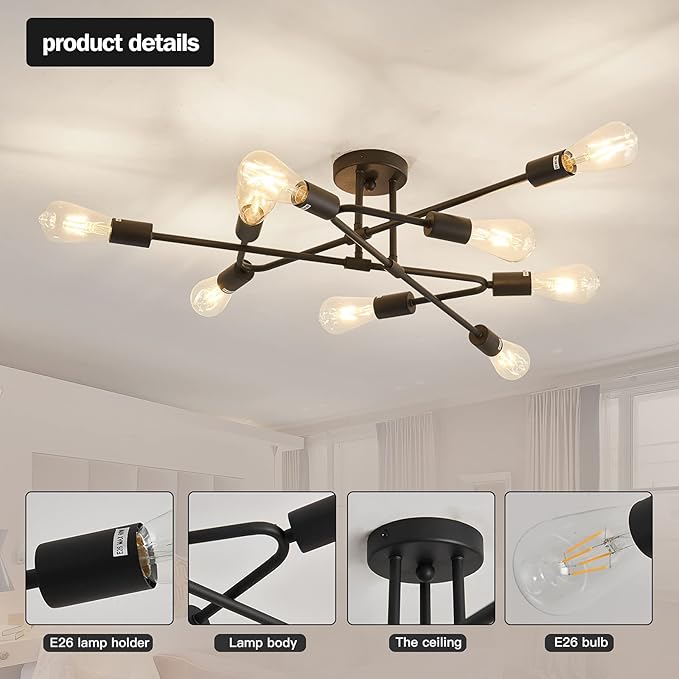 ZGLAOJT Black Semi Flush Mount Ceiling Light Fixture,9 Light Modern Metal Chandelier,Ceiling Light for Kitchen Farmhouse Island Dining Room Bedroom